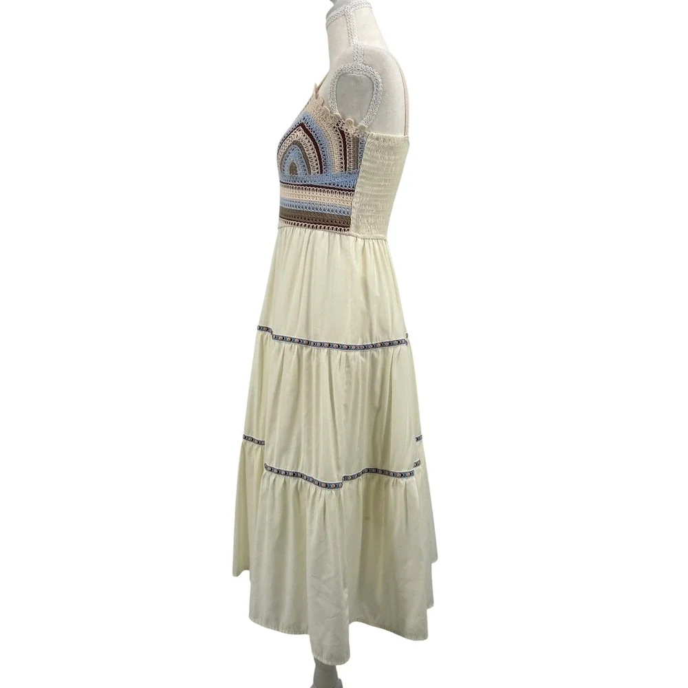 Cider Crochet Bodice Midi Dress Cream Boho Tiered Festival Summer Farmers Market
